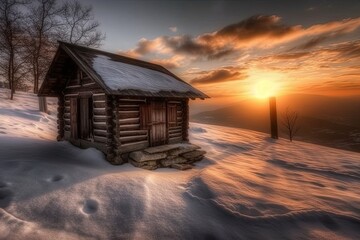 Sticker - cozy log cabin surrounded by a winter wonderland. Generative AI