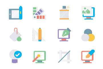 Poster - graphic design 3d icons set. pack flat pictograms of tablet for drawing, color palettes, paint spray