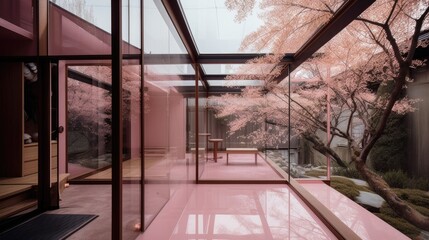 Transparent luxury house full of windows with pink and rose gold decor, so that you never feel closed in. Generative AI Technology 