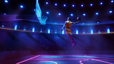 Fototapeta Sport - Scoring winning goal. Young man, professional basketball player in yellow uniform jumping, throwing ball into basket on 3D stadium with flashlights. Concept of sport, competition, action and motion
