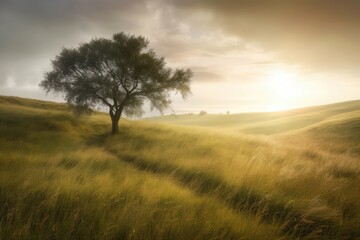 Poster - solitary tree standing in a vast grassland. Generative AI