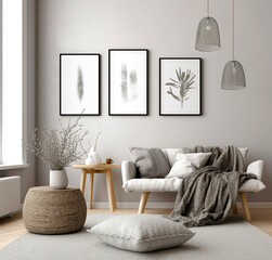 white sofa and posters, frames on gray wall. interior design of modern living room. created with gen
