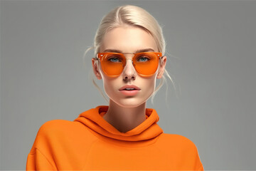 fashionable young woman in orange clothes and glasses on a white background, cool blonde woman in an orange jacket, orange sunglasses, generative ai