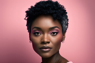 beautiful african american woman with short haircut, model, posing in the studio, on a pink background. Copy, empty space for text. Generative AI