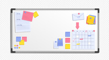 Realistic whiteboard for memo notes and planner isolated in vector. Schedule on wall for organize work process plan and list of meeting. Wall magnet taskboard for calendar in classroom.