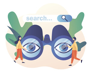 Wall Mural - Tiny people browsing online information, surfing internet with binocular. Search bars. SEO concept. Modern flat cartoon style. Vector illustration on white background