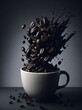 Abstract photorealistic frozen image of coffee explosion in a cup with splashes and coffee beans