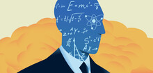 Silhouette Of Scientist With Physic Formulas And Nuclear Explosion At Background. Invention Of Atomic Bomb. Vector Illustration.