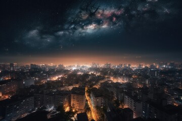 Wall Mural - nighttime view of mesmerizing galactic cityscape, with glowing buildings and stars in the sky, created with generative ai