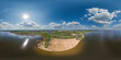 full hdri 360 panorama and aerial view a huge reservoir lake near provincial town on coast  in equirectangular projection. may use like sky replacement for panoramic drone shot