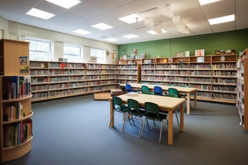 Wall Mural - school library, with bookshelves filled with books and students researching or reading, created with generative ai