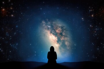 Wall Mural - person, gazing at the heart of a galaxy nebula, with stars in the background, created with generativ