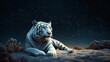 White tiger on a dark background with a starry sky.generative ai
