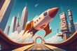 cute rocket start flying past cityscape, with skyscrapers and bridges in the background, created with generative ai