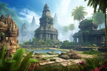 Poster - exotic destination, with view of the ruins of an ancient temple, created with generative ai