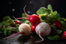 Close-up Of Clean, White And Red Radishes, Fresh And Ready To Eat. Generative AI