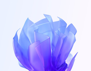 Abstract background with wavy curved translucent film ruffles, layers and folds in shape flower 3d render. Clear sheets of acryl, glass or plastic with blue purple gradient texture. 3D illustration