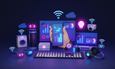 Internet of things or IoT as appliances connection 3D illustration concept. Modern and smart technology with wifi signal and everyday appliances with internet accessibility. Gadgets with software app