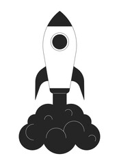 Fototapete - Launching rocket with dark smoke flat line black white vector object. Spacecraft. Editable cartoon style icon. Simple isolated outline spot illustration for web graphic design and animation