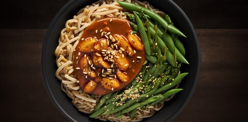 Wall Mural - A bird's-eye view of a dish of sweet and spicy Asian noodles and green beans topped with hoisin-baked, crispy tofu Generative AI