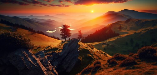 Wall Mural - The morning sun rising over the Carpathian Mountains in Ukraine's Borzhava Generative AI