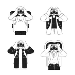 Poster - Sightseers capturing travel memories with camera monochromatic flat vector character set. Editable thin line people on white. Simple bw cartoon spot image pack for web graphic design, animation