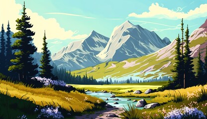 Wall Mural - Illustration of a mountain valley in the summer, complete with flowering shrubs and trees and green grass. Generative AI