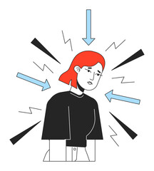 Poster - overthinking disorder flat line concept vector spot illustration. stressed woman under anxiety attac