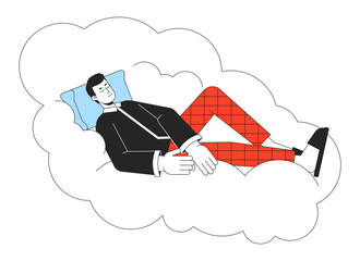 Poster - good night sleep flat line concept vector spot illustration. man sleeping peaceful on cloud 2d carto