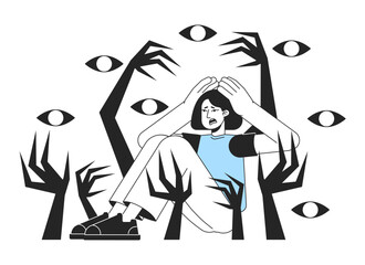 Poster - Psychosis episode flat line concept vector spot illustration. Woman struggling with nervous breakdown 2D cartoon outline character on white for web app UI design. Anxiety editable colorful hero image