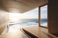 Minimalist Home, With View Of The Ocean And Sunlight Streaming Through The Windows, Created With Generative Ai