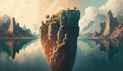 Wall Mural - Illustration artwork depicting a surreal picture of a guy perched on a mountaintop, gazing out across a sea of floating islands. Generative AI