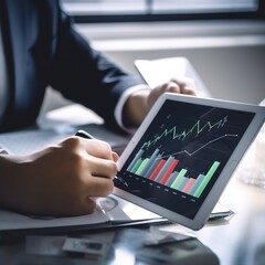 Poster - Digital online marketing, Businessman using tablet analyzing business graph growth chart, digital marketing diagram, business strategy and planning . generative ai