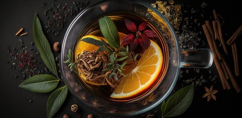 Fototapete - Top view copy space with a glass cup of tea including spices and herbs, set against a black wooden backdrop. Generative AI