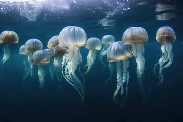 Wall Mural - school of jellyfish swimming in formation through the waters, created with generative ai