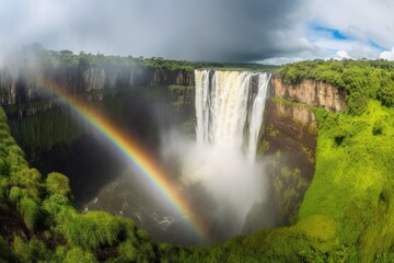 Wall Mural - majestic waterfall, with mist and rainbows visible, in exotic destination, created with generative ai