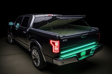 car with custom tonneau cover, stainless steel accents and led lights, created with generative ai