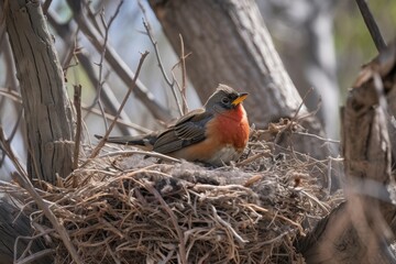 Wall Mural - pair of robins building their nest in the springtime, created with generative ai