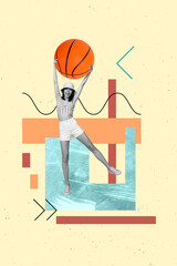 Canvas Print - Vertical artwork photo collage young traveler lady play beach basketball game match catch throw ball colorful graphics drawing picture