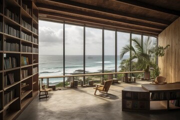 a library with a view of the ocean, providing quiet reading and learning space, created with generative ai