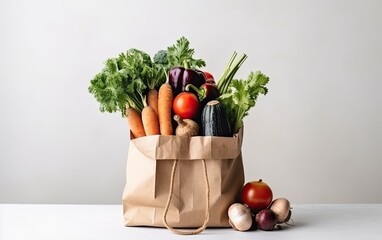 Wall Mural - Tote bag full of vegetables and fruits on white background. Grocery with healthy food Generative AI