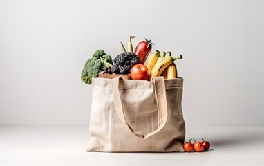 Wall Mural - Tote bag full of vegetables and fruits on white background. Grocery with healthy food Generative AI