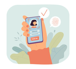 Aufkleber - Person signing in by using face recognition vector illustration. Cartoon drawing of Hand holding phone and using face and fingerprint scanner, photo on screen. Technology, AI, security concept