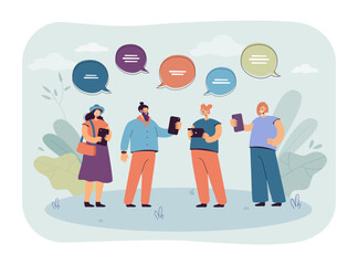 Aufkleber - Group of young people talking via phones vector illustration. Cartoon drawing of man and women chatting using mobile applications. Online or digital communication, friendship, technology concept