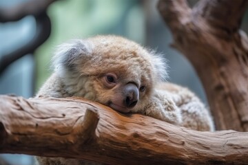Wall Mural - the koala's mother sits on a branch, her head hanging to the side in relaxation, created with generative ai