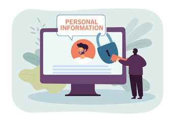 Aufkleber - Criminal in front of huge monitor accessing personal information. Man in mask with key opening big lock on screen vector illustration. Privacy violation, security, technology, social network concept