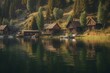 Beautiful lake with hillside cottages. Generative AI