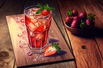 Poster - Strawberry soda drink on a wooden table Generative AI