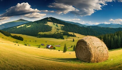 Sticker - Green mountain meadow in the summer with a haystack in the background (Carpathian Mountains, Ukraine). Image combined from seven separate pictures. Generative AI