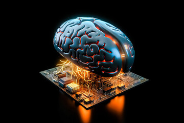 Poster - Ai chipset with human brain on computer circuit board. Artificial intelligence, Data mining, and Deep learning modern computer technology. Ai CPU concept.